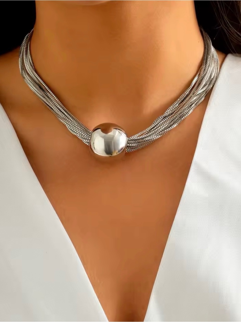 Zara Silver Tone Multi-Strand Choker Necklace Polished Orb Center NWOT